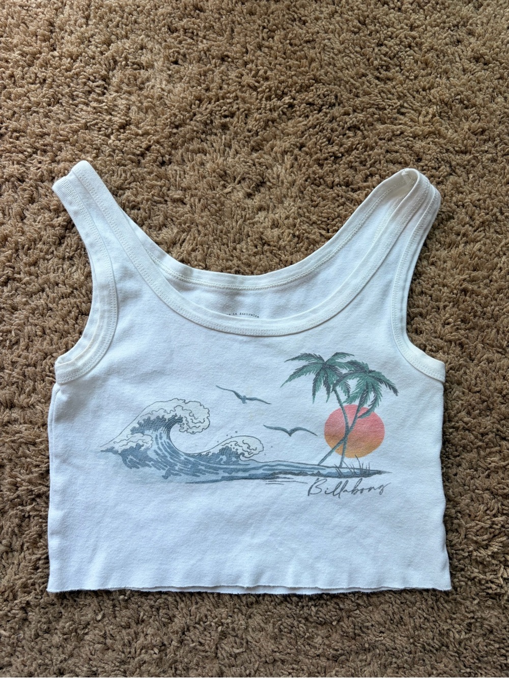 Billabong White Crop Tank with Sunset Palm & Wave Art